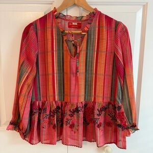 Anthropologie Pink, Orange, and Green Gingham Peplum Top